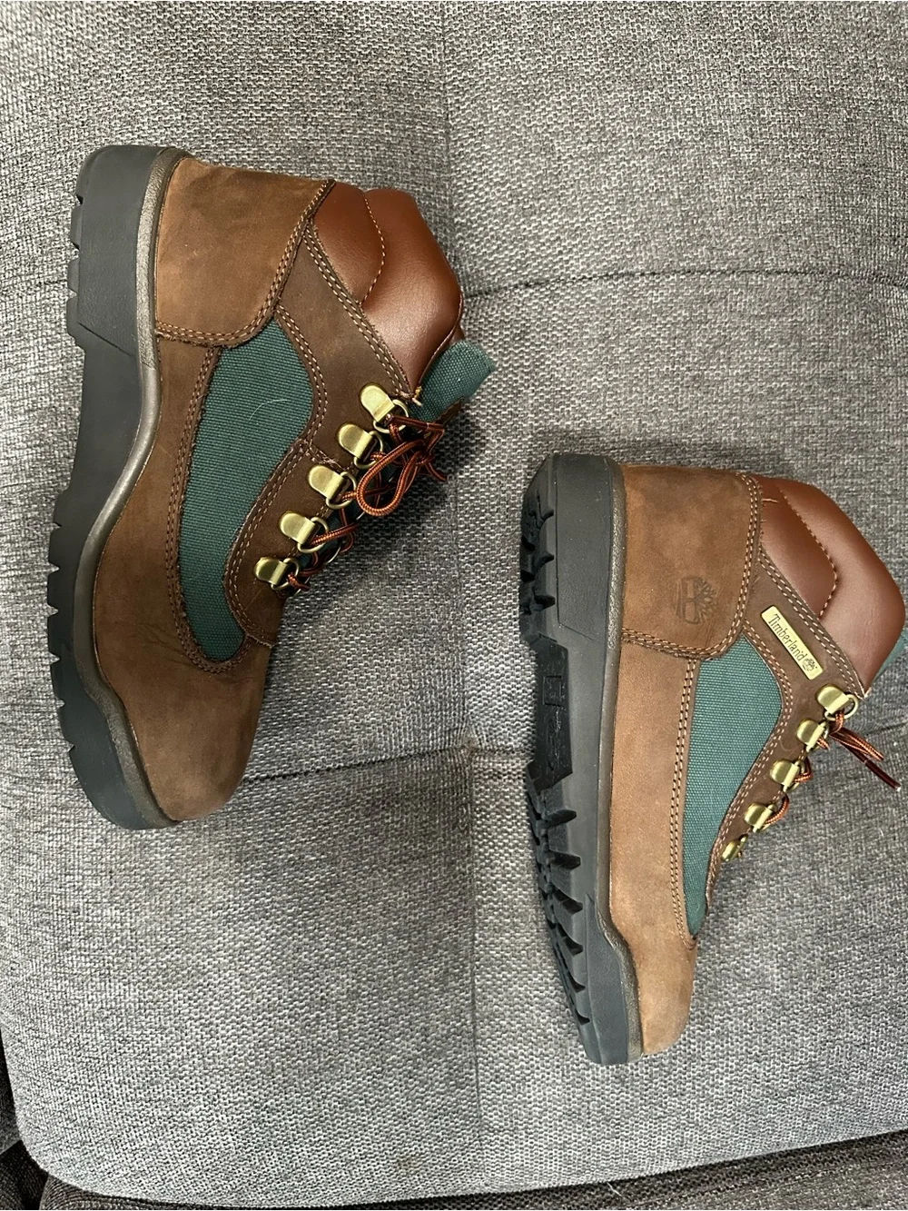 Timberland Brown and Green Fabric Hiking Boots Beef and Broccoli Boys Size 4.5